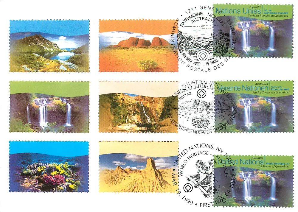 Sítios do patrimônio mundial da Austrália — UNESCO — 1999 — Administração Postal das Nações Unidas - Frente