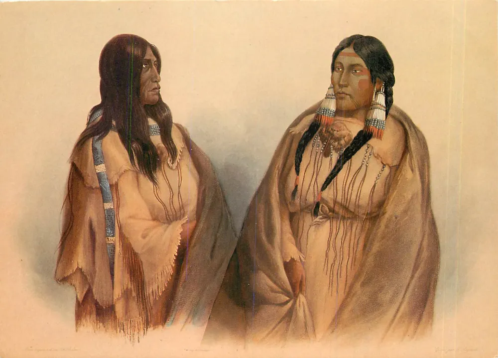 Mulheres das tribos Snake e Cree — gravura colorida de Karl Bodmer (1809-1893) — editada por - Frente