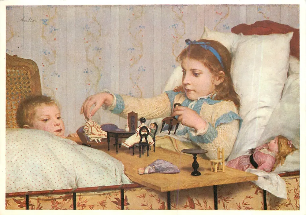 Kinder, die mit Puppen im Bett spielen — Albert Anker (1831-1910) — Arthur Stoll Ausgabe, Arlesheim-Corseaux - Vorderseite
