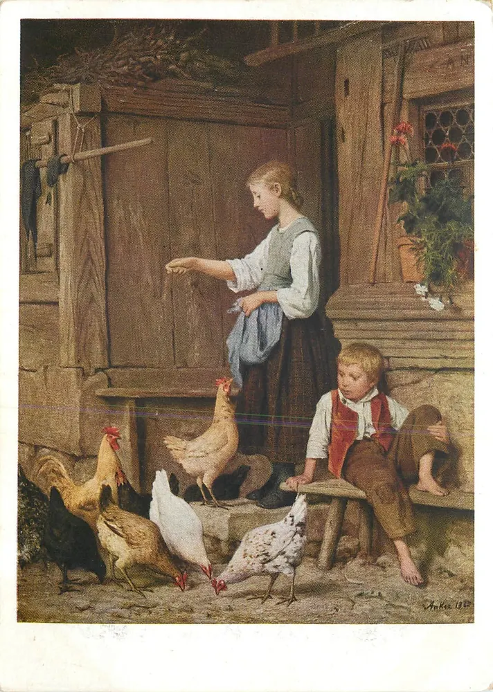 Mulheres e crianças com galinhas — Albert Anker — Coleção de Arte Suíça, n° 1510 - Frente
