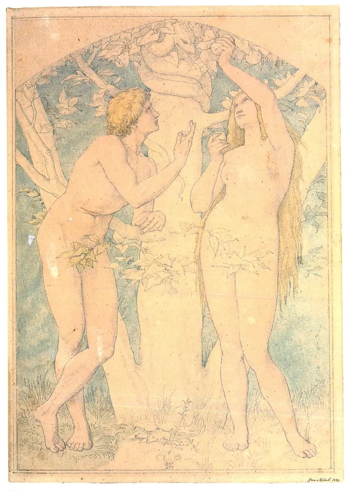 Adam und Eva — Adam lockt Eva unter dem verbotenen Baum — Zeichnung von Jean-Édouard 1930 - Vorderseite