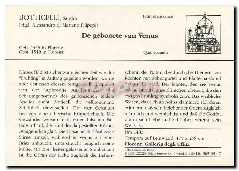Nascimento de Vênus — Botticelli — Editor: Foto Giraudon, Paris, n° D6 063-07 - Verso