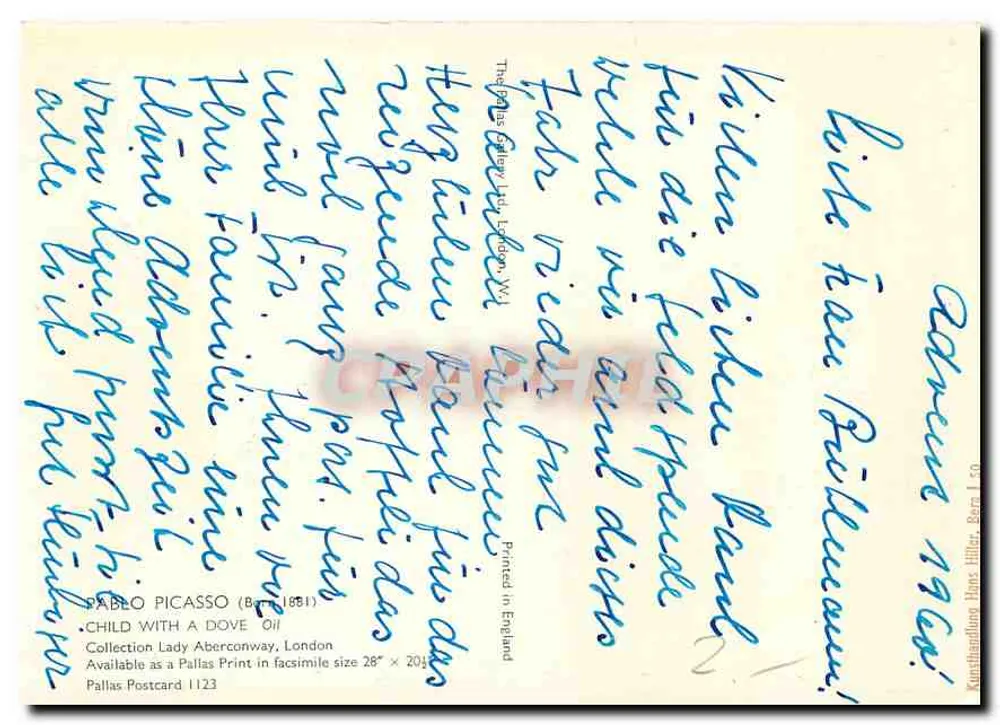 Criança com uma pomba — reprodução a partir de uma obra de Pablo Picasso (1881) — Pallas Postcard n°123 - Verso