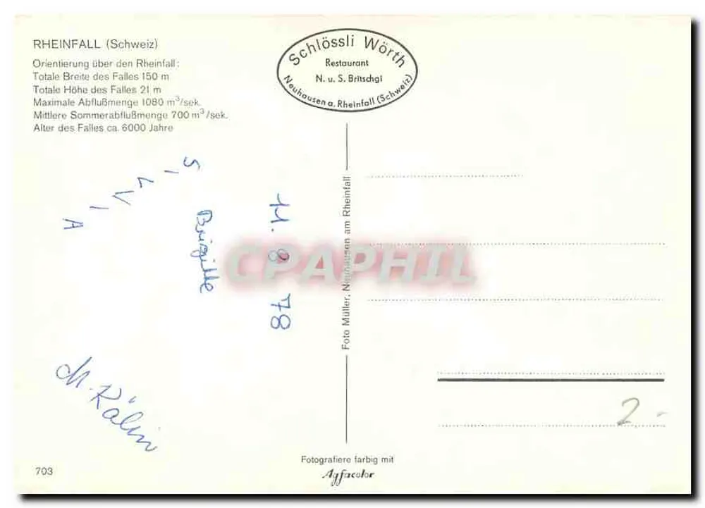 राइनफॉल (स्विटजरलैंड) — राइनफॉल के ऊपर से एक विमान दृश्य के साथ एक नाव — संपादक श्लॉसली वॉर्थ, न्यूहैसेन अम राइनफॉल - पीछे