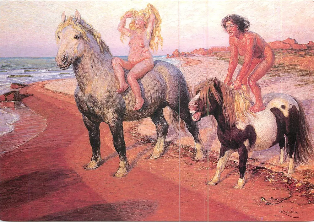 Duas mulheres nuas em cavalos — obra de František Kupka, 1901 — edição NG - Frente