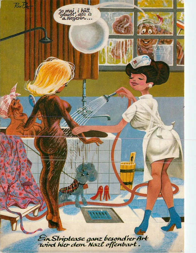 Banheiro — cena humorística com enfermeira e paciente — desenho de Rudi Bar - Frente