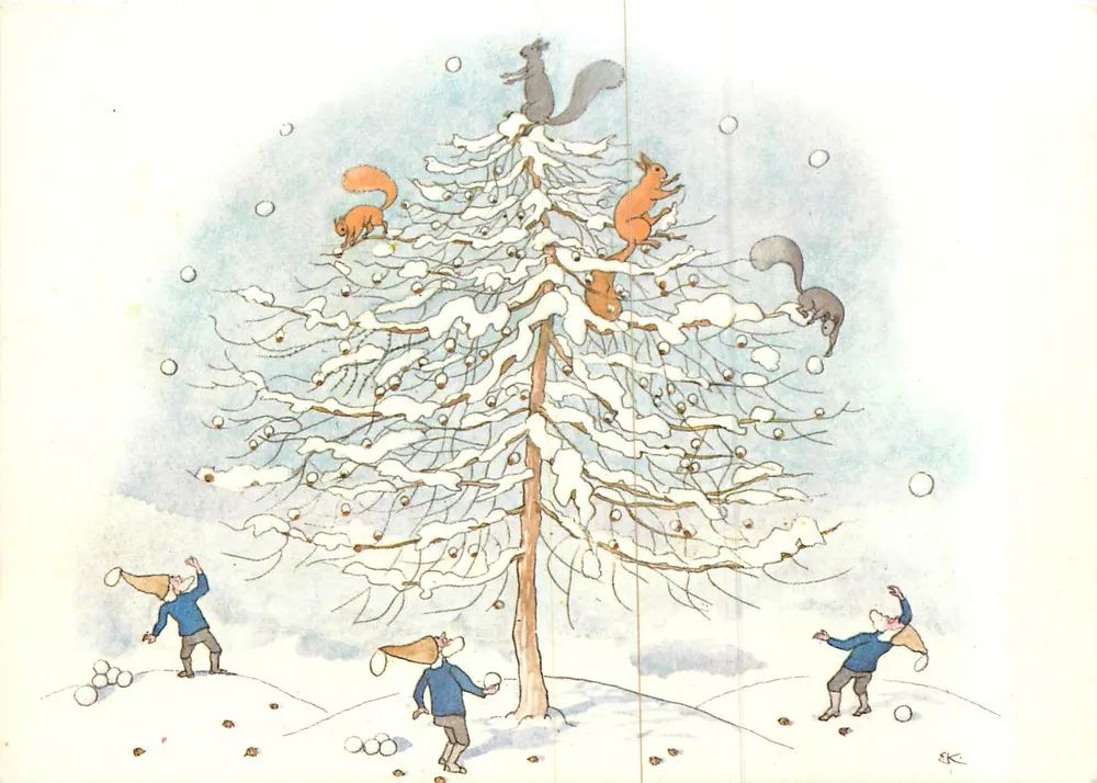 Esquilos e crianças brincando de batalha de bolas de neve — cena de inverno — Ernst Kreidolf, Rotapfel-Verlag Zürich, 1963 - Frente
