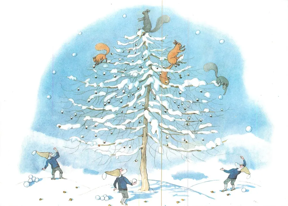 Ratos e crianças brincando na neve — ilustração de Ernst Kreidolf — edição ART H. Hilscher - Frente