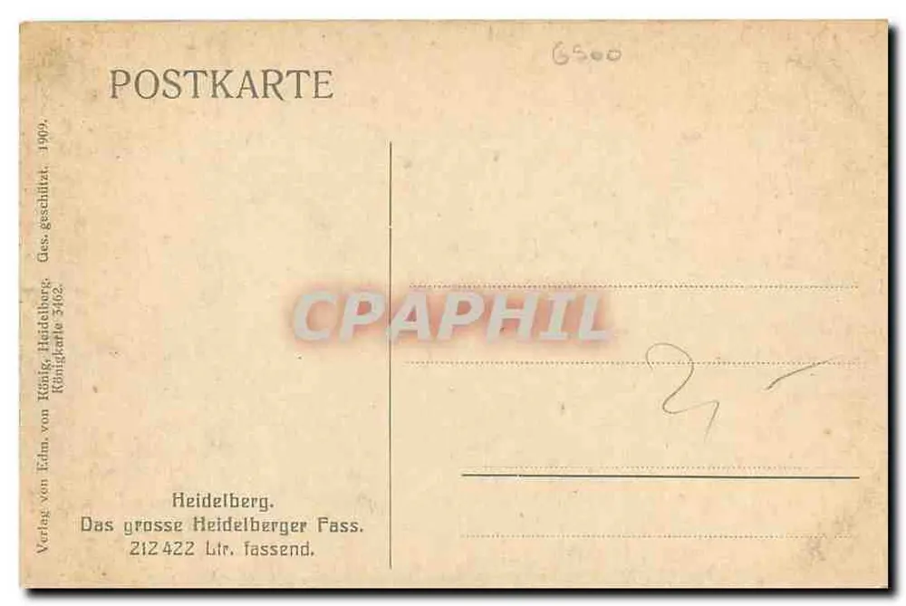 O grande barril de Heidelberg — 212 422 litros — editor Königlich von Edna, Heidelberg, n° 3462 - Verso