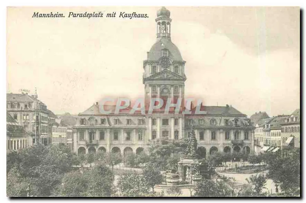 Mannheim. Paradeplatz mit Kaufhaus — uitzicht op het centrale marktplein met gebouw met koepel en fontein — uitgever niet geïdentificeerd - Voorkant
