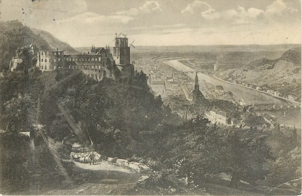 हाइडलबर्ग का दृश्य — किला और नदी — प्रकाशक X. a. Kautzsch - आगे