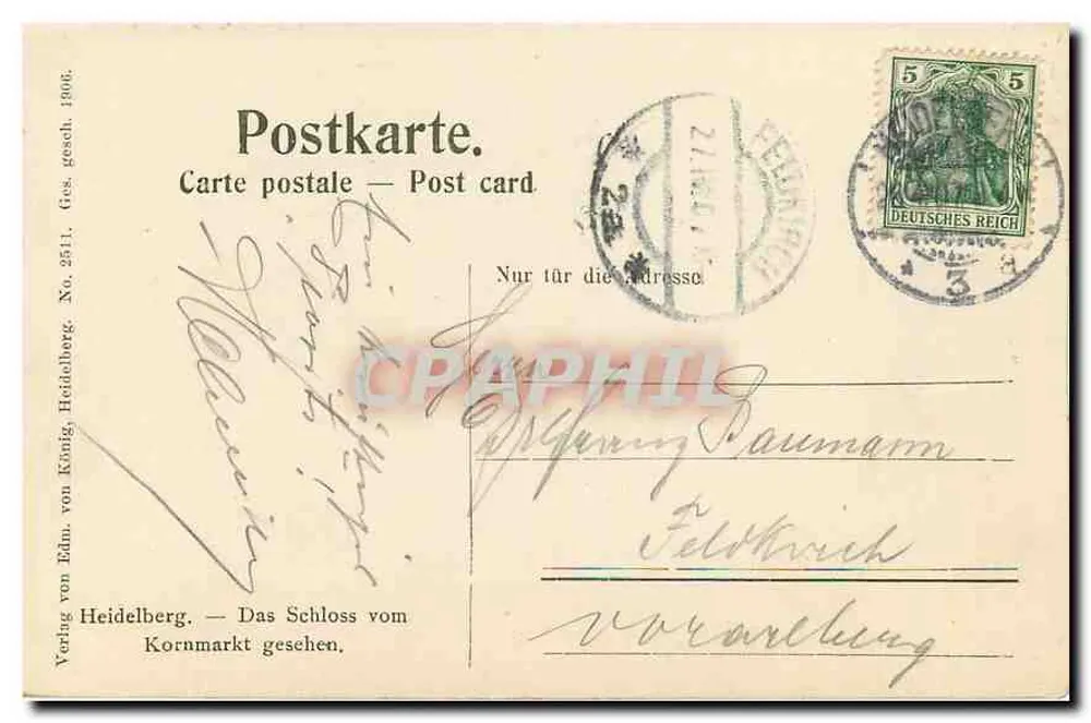 Heidelberg — vue du château depuis le Kornmarkt — Verlag von Edm. von König, Heidelberg, No. 2511 - Verso