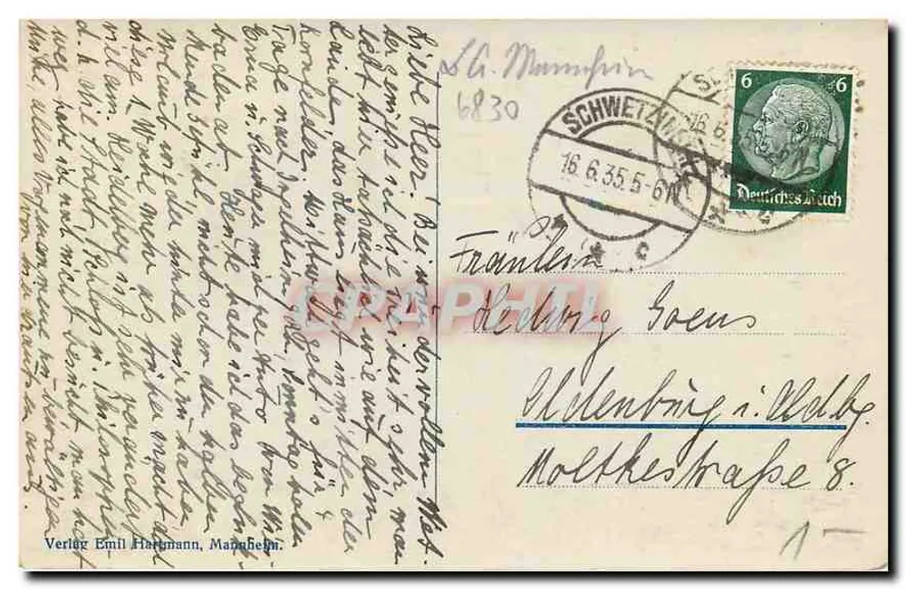 Schweizlingen. Parte nel giardino del castello — editore Emil Hartmann, Mannheim, n° di serie a75 - Verso