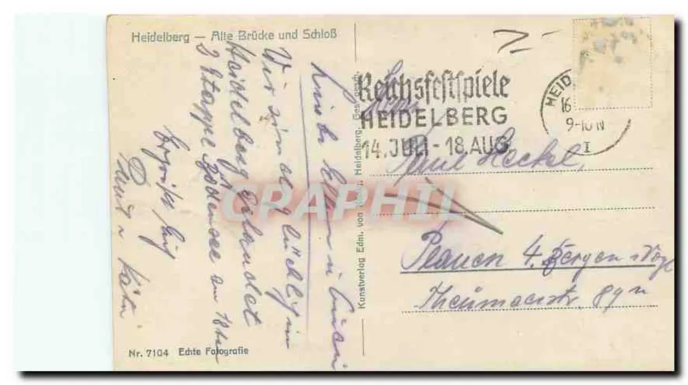 Heidelberg — Vecchia Ponte e Castello — Edizioni Kunstverlag Edin, del 1916, n° 7104 - Verso