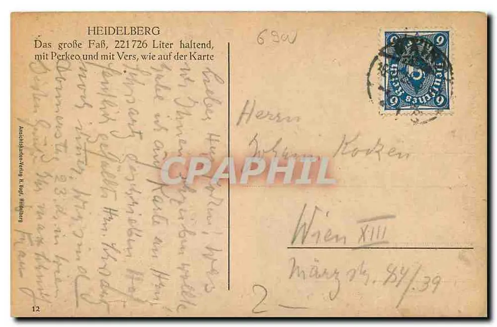 Het grote vat van de hof van het kasteel van Heidelberg — Perkeo — uitgever Anzeigendruck-Verlag H. Vogt, Heidelberg - Achterkant