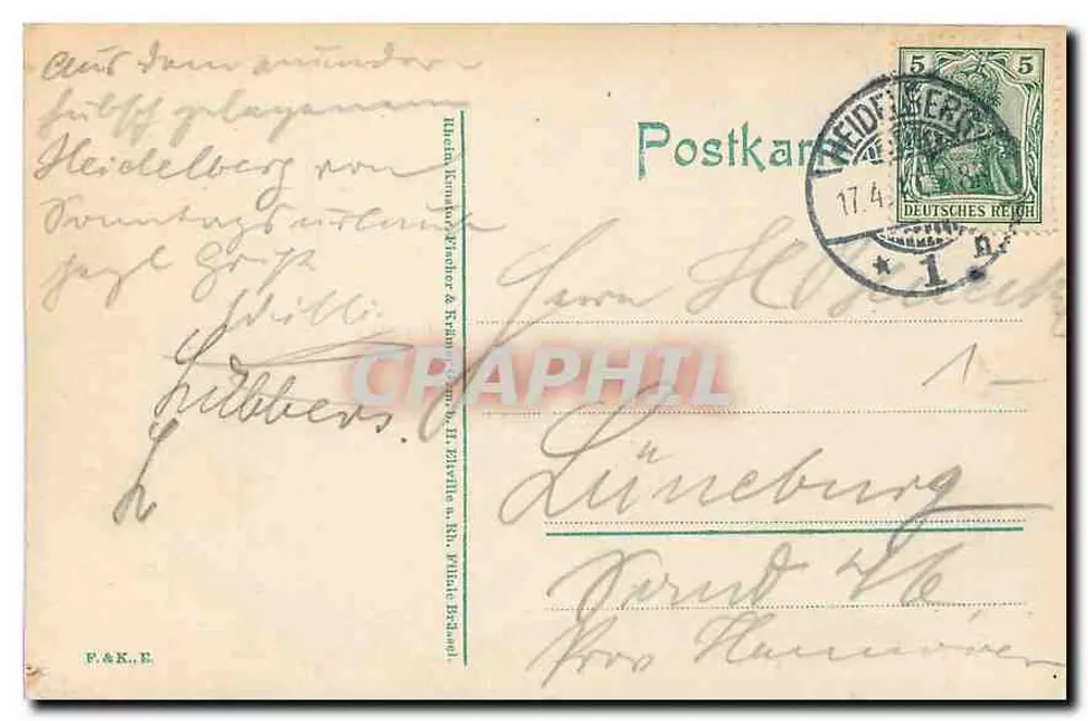 Heidelberg, Kasteel van Molkenkur — luchtfoto — uitgever F.&K.E. - Achterkant