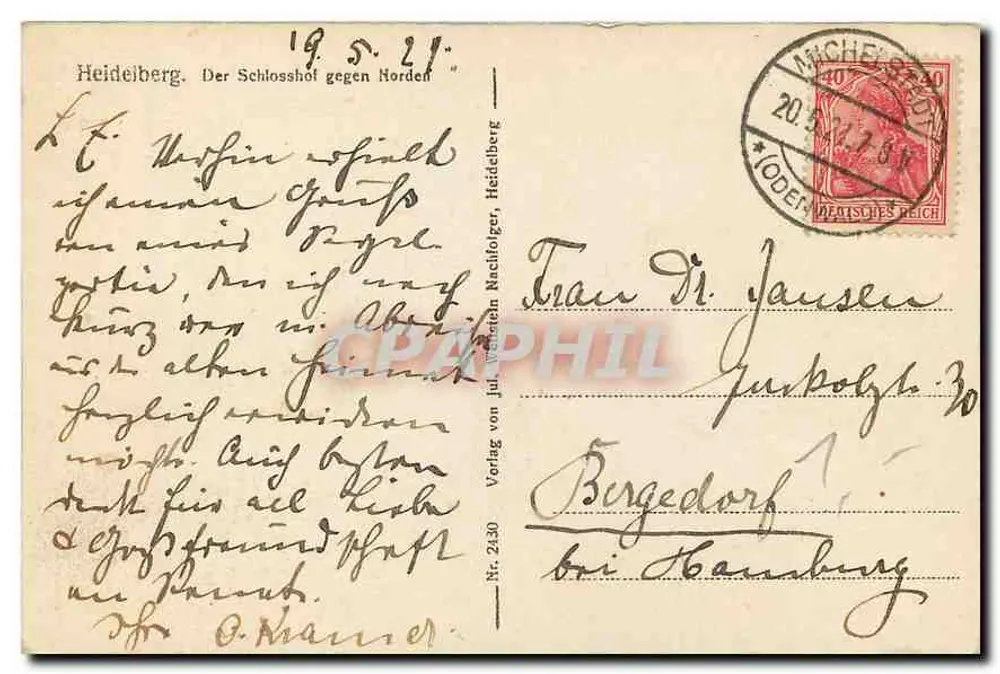 Heidelberg. Der Schlosshof gegen Norden — éditeur: Verlag von jul. Wächter, Heidelberg, n° 2420 - Verso