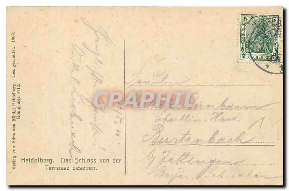 Schloss von der Terrasse gesehen — Heidelberg — Verlag von Edm. von König, Heidelberg, Königsgarte 3712 - Verso