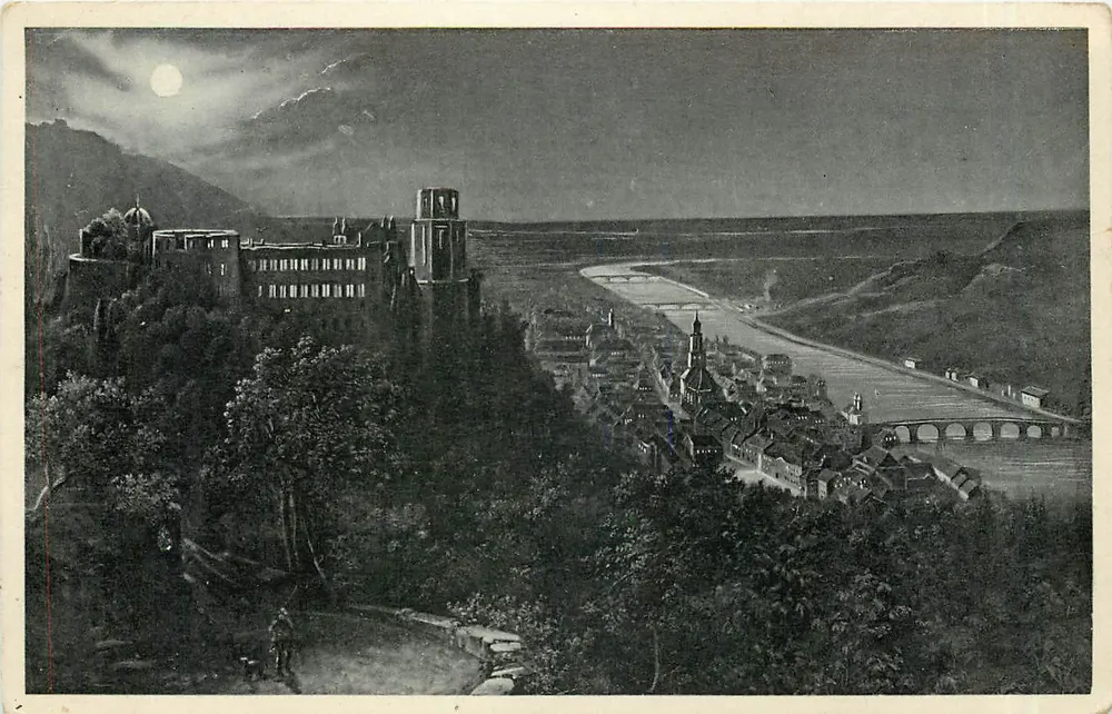 Heidelberg — Ansicht des Schlosses und der Stadt unter dem Mond — Kunstverlag Edm. v. König, Heidelberg, Nr. 203 - Vorderseite