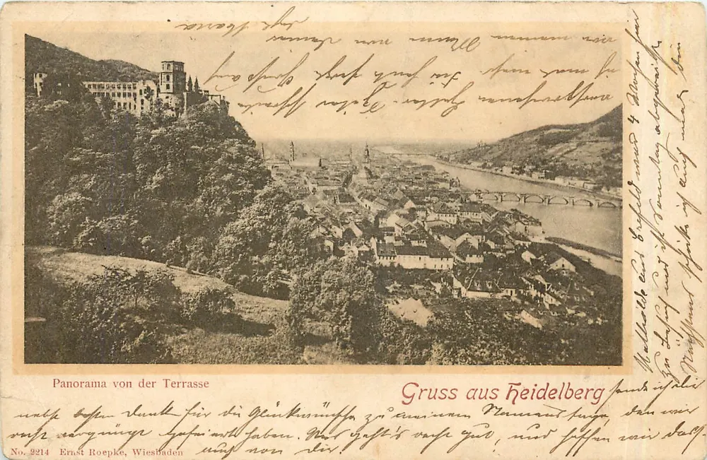 Panorama von der Terrasse — vue de Heidelberg depuis la terrasse — éditeur Ernst Roepke, Wiesbaden, n° 2214 - Frente
