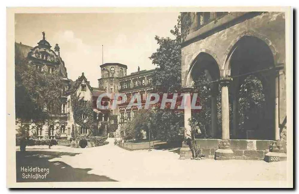 Schlosshof de Heidelberg — vista da praça com arcadas e edifícios históricos — Dr. Sommer & Co. Zuffenhausen-Stuttgart, n° 2031 - Frente