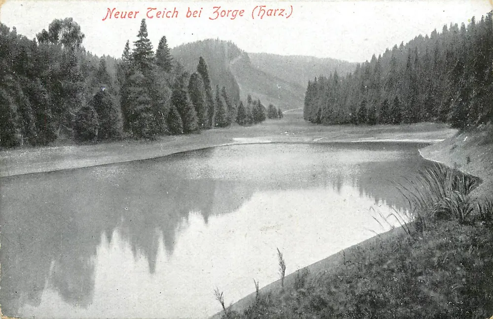 Neuer Teich bei Zorge (Harz) — paysage lacustre entouré de forêts — Verlag von Carl Hausenbach, Zorge - Recto