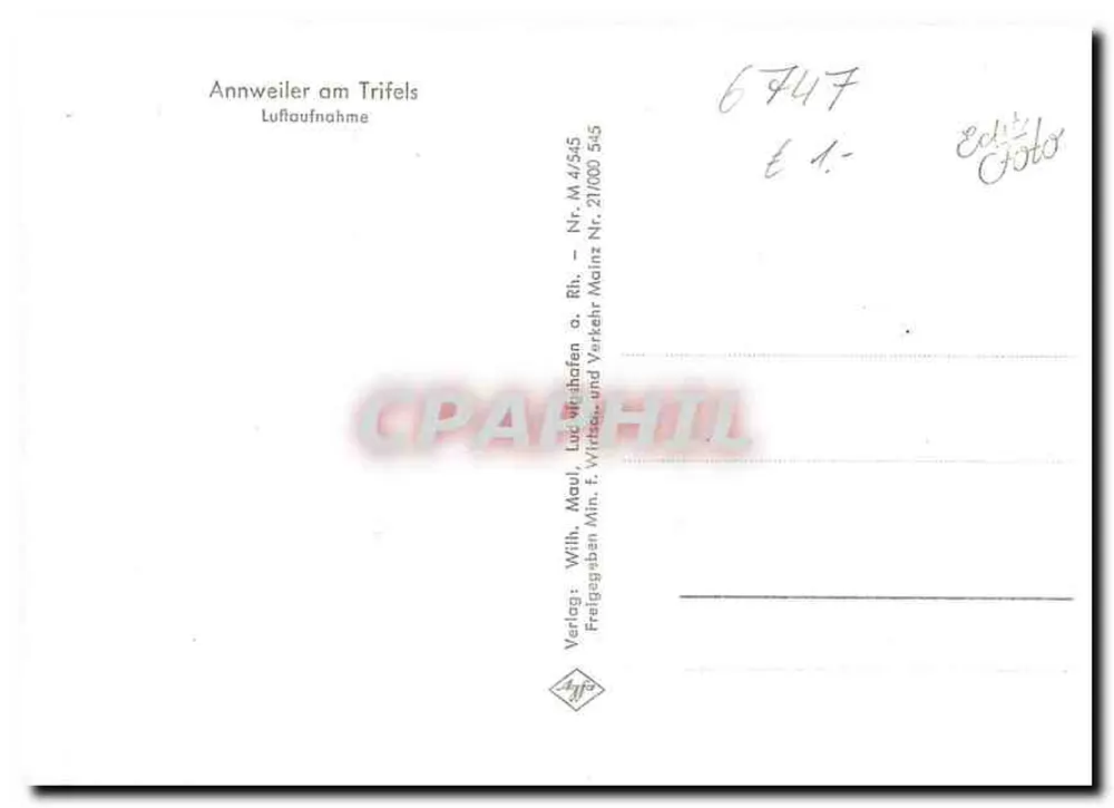 Annweiler am Trifels — vista aérea — Editora: Wilh. Maul, Maul, fotografias aéreas mín. para estabelecimentos de hospedagem e venda de cerveja Mainz Rh. - Verso
