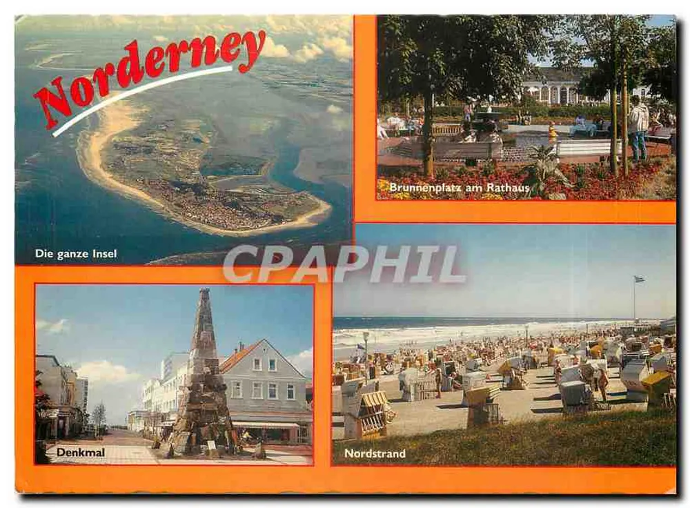 Norderney — luchtfoto, Brunnplatz bij het stadhuis, monument, Nordstrand - Voorkant