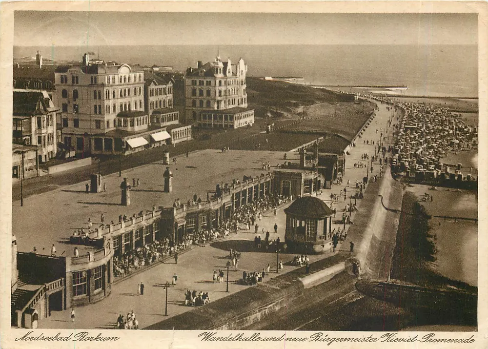 North Sea Spa Borkum — Wandelhalle and new Mayor's Movie Promenade — Paseasas Art Postcard Series No. 1034 - Front