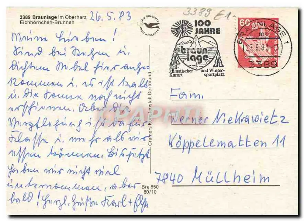 Braunlage in the Oberharz — Squirrel Fountain — Cramers Kunstpostkarten 3389 - Back