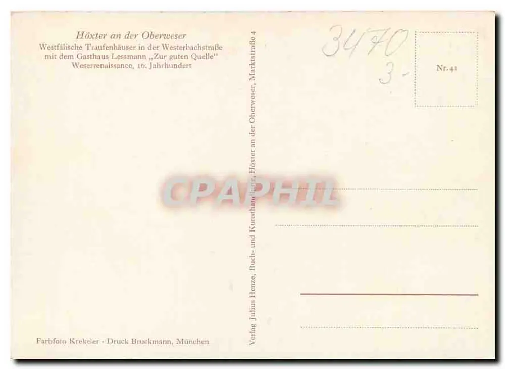 Höxter an der Obersweser – Westfälische Fachwerkhäuser mit dem Gasthaus Lessmann „Zur guten Quelle“ – Verlag Julius Henze, Druck Bruckmann, München, Nr. 41 - Rückseite