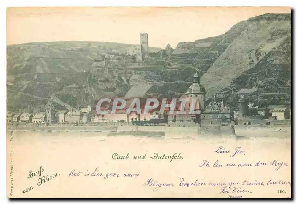 Caub und Gutenfels — View of the Rhine — Verlag E. Bahn von Bock, Heidelberg - Front
