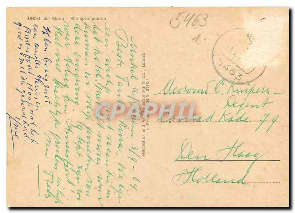 Unkel am Rhein — Promenade del Rin — Fabricante y editor Sättling & Co., D-Besten N.T. 92151 - Reverso