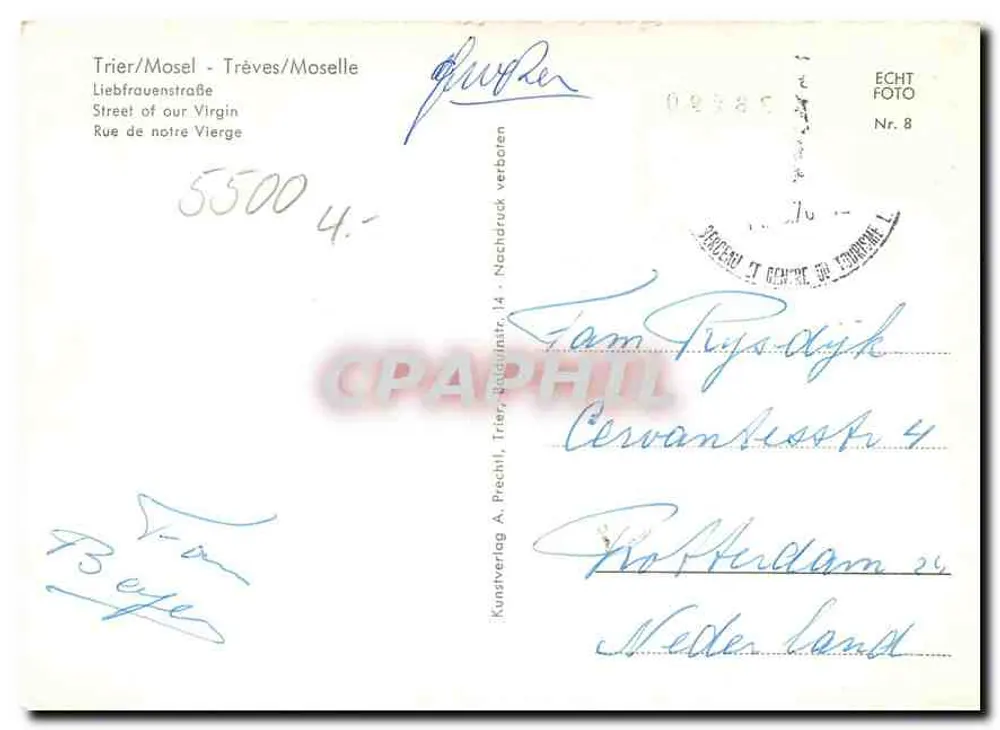 Trier/Moselle - Liebfrauenstraße — Ansicht der Straße Unserer Lieben Frau — Kundverlag A. Prechtl, Trier - Rückseite