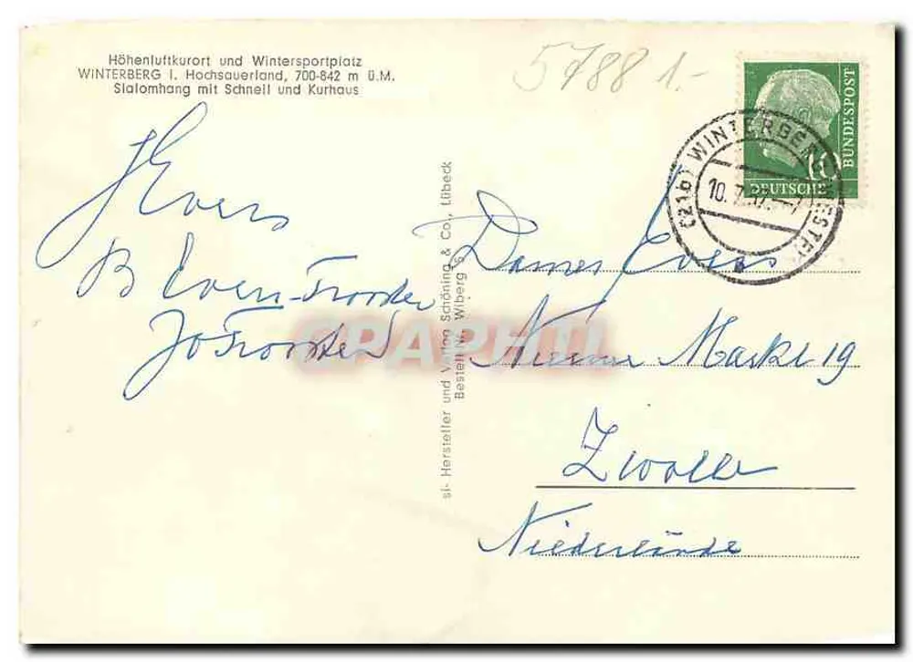Winterberg — Slalomhang mit Schnell und Kurhaus — Hersteller und Verlag Schöning & Co., Wiberg - Rückseite