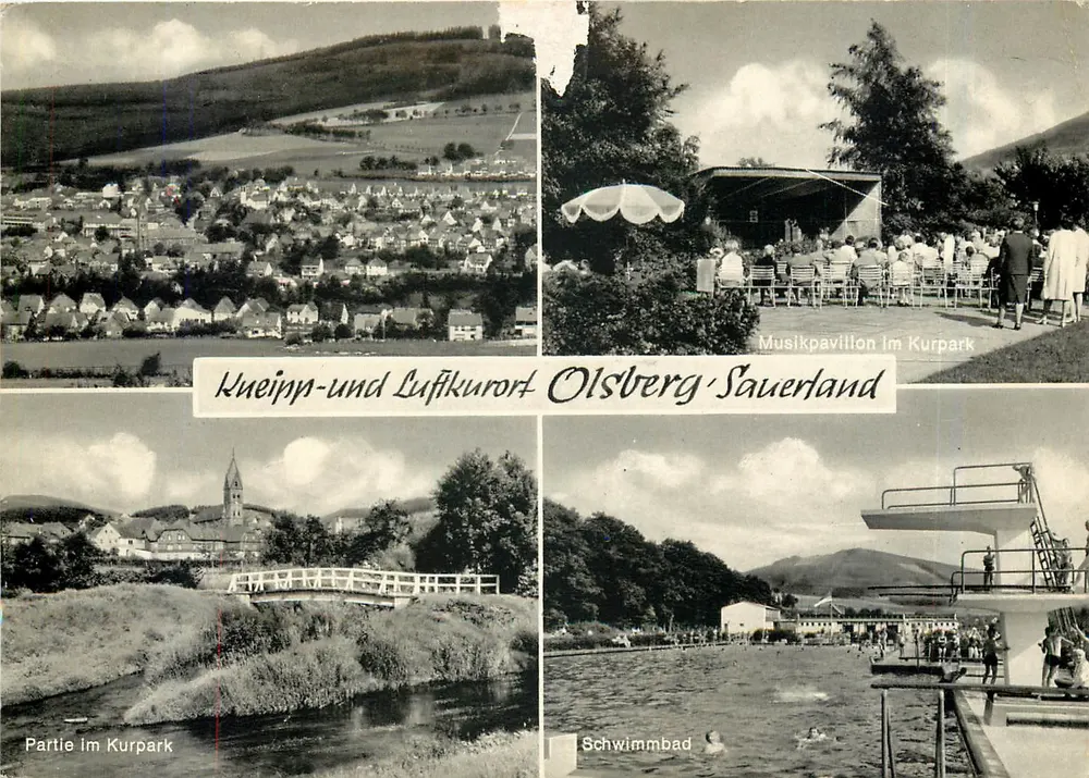 Kurpark e piscina a Olsberg-Sauerland — Palco musicale e vista panoramica — editore Jos. Grobbel, n. 3644 - Recto