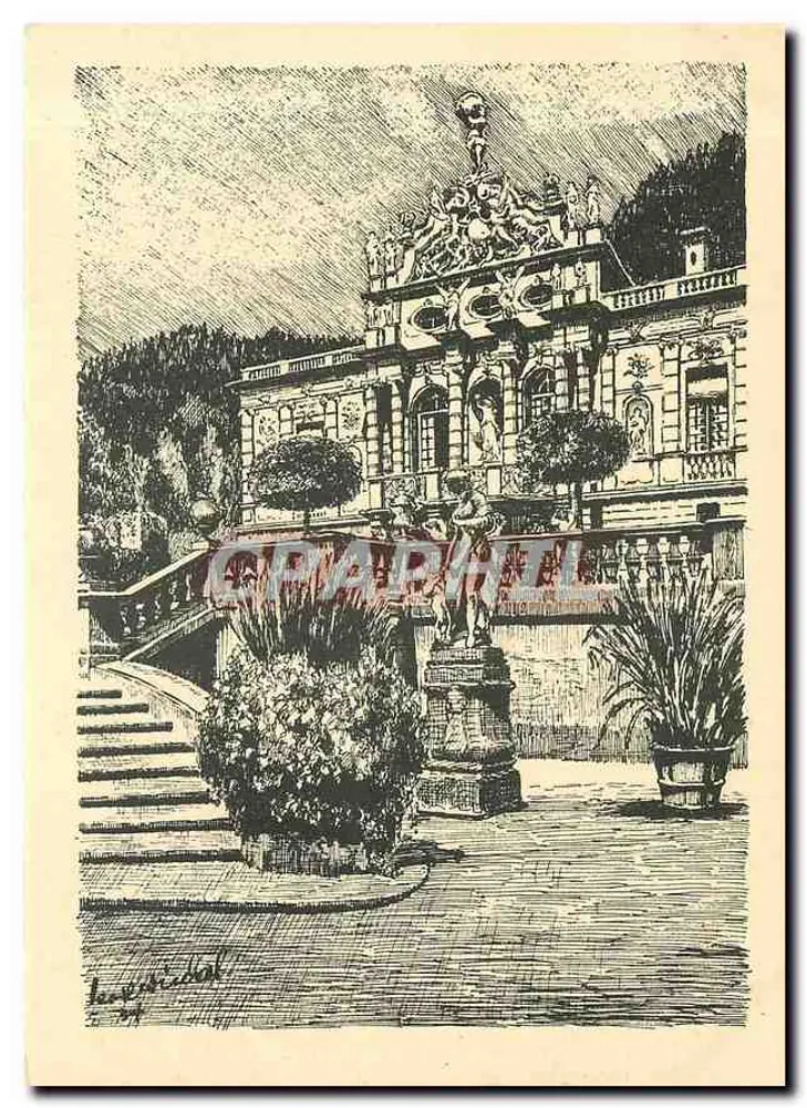 Schloss Linderhof — Zeichnung von Karl Winkel — Selbstverlag des Kunstverlags Karl Winkel, München - Vorderseite