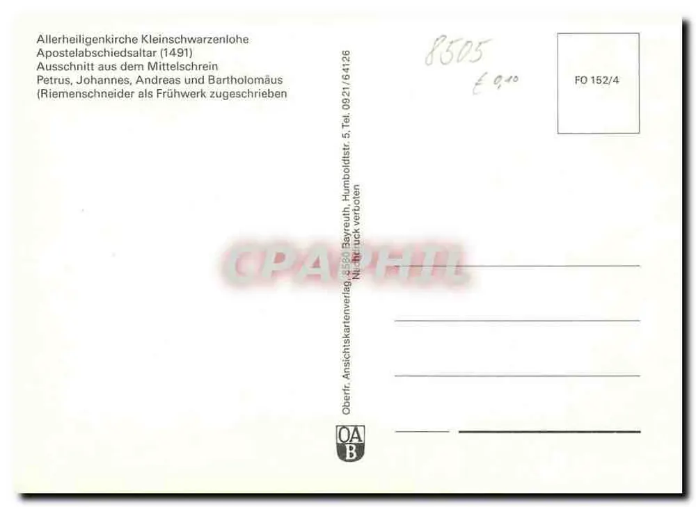 Allerheiligenkirche Kleinschwarzenlohe — Ausschnitt aus dem Mittelschrein (1491) — Oberfranken-Ansichtskartenverlag - Verso