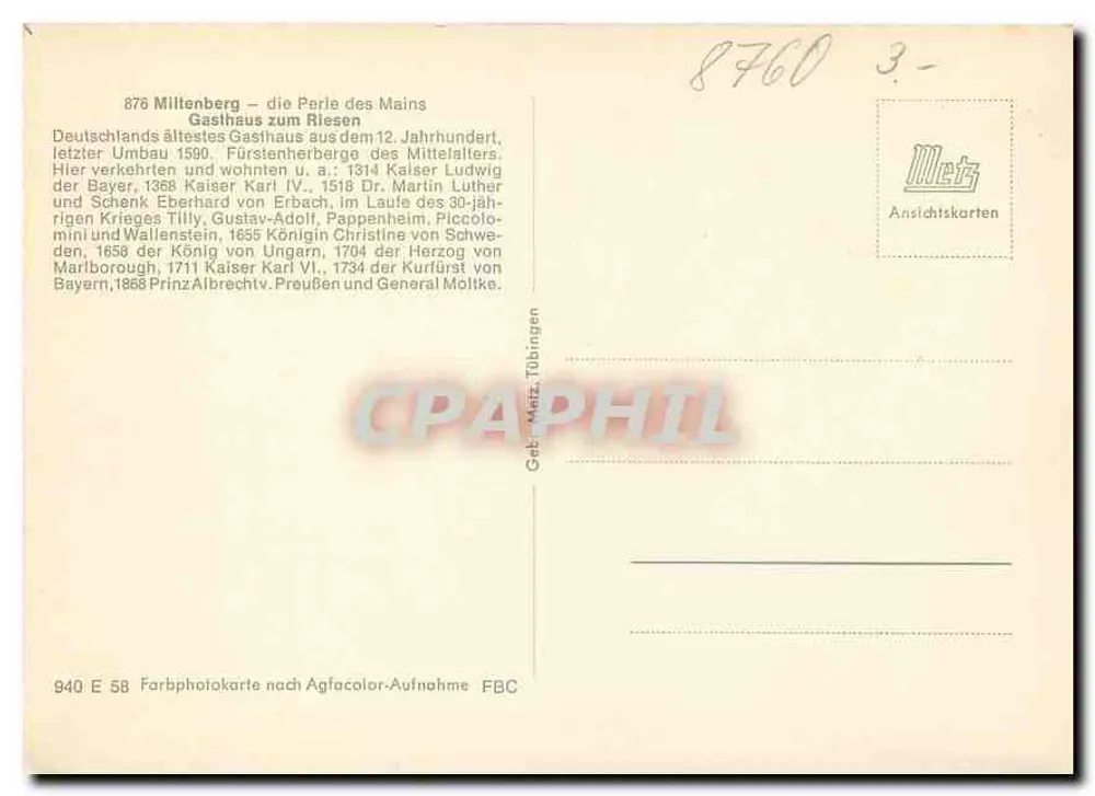 Gasthaus zum Riesen — Millenberg — Mets Ansichtskarten - Rückseite