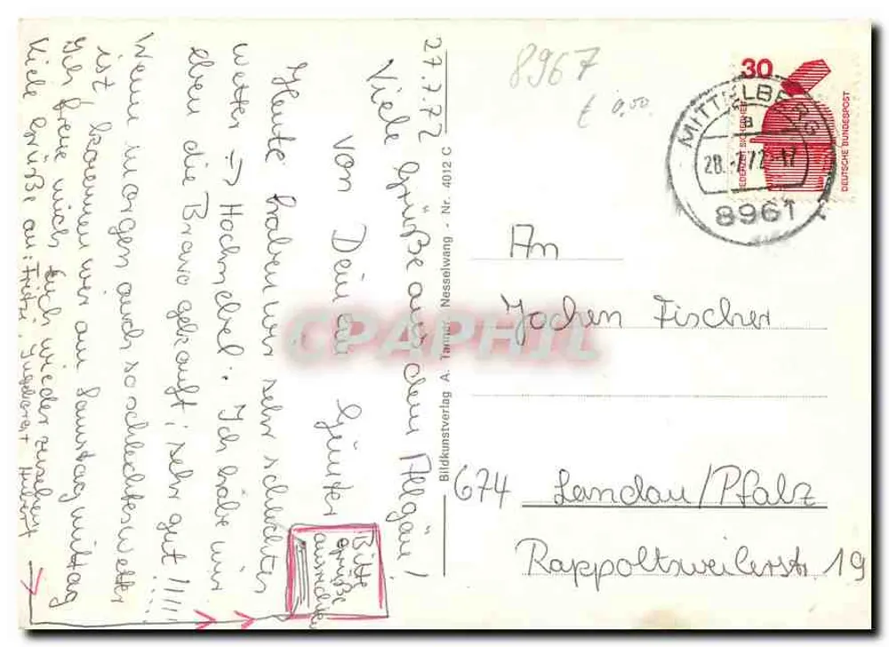 Mittelberg im Allgäu — widok panoramiczny, kościoł, ulica wioski, kwiaty, krowy, jezioro — wydawca Bildkunstverlag A. Tamm, Nesselwang - Rewers