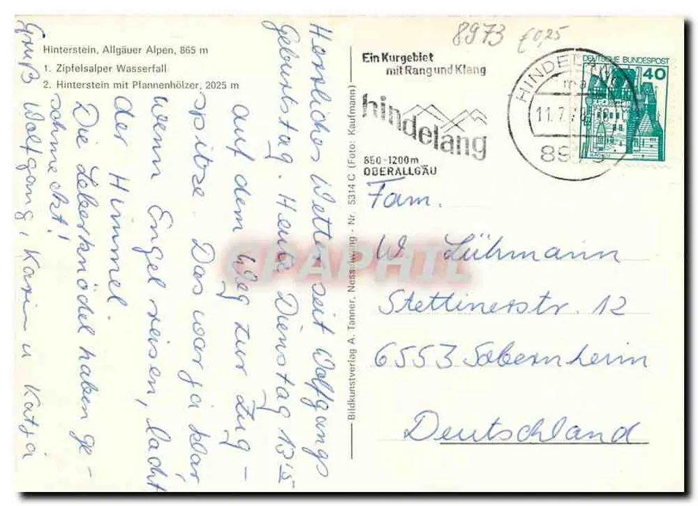 Hinterstein, Allgäuer Alpen — cascata e aldeia — Bildkunstverlag A. Tannner, Nussbaumer - Verso