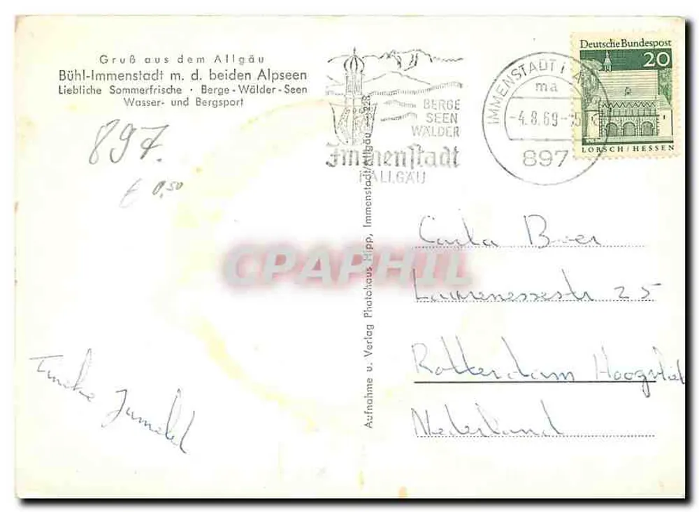 See Bühlm-Immenstadt — Panoramablick mit schneebedeckten Bergen — Verlag Pipp, Nr. 897 - Rückseite