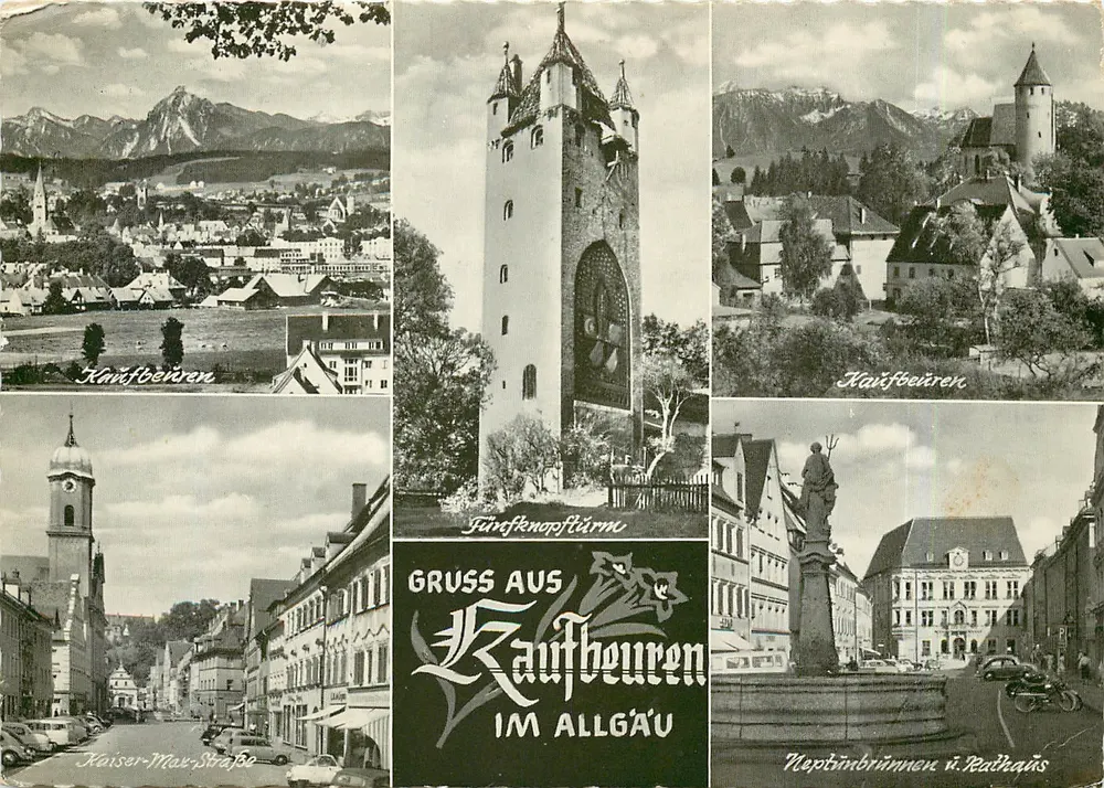 Kaufbeuren — panoramische uitzicht, toren, kasteel, straat Kaiser-Max-Straße, fontein — uitgever niet zichtbaar, serie-nummer niet zichtbaar - Voorkant