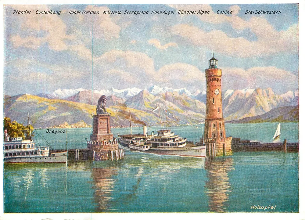 Bregenz — Widok portu z farbą i górami — Holzapfel - Awers