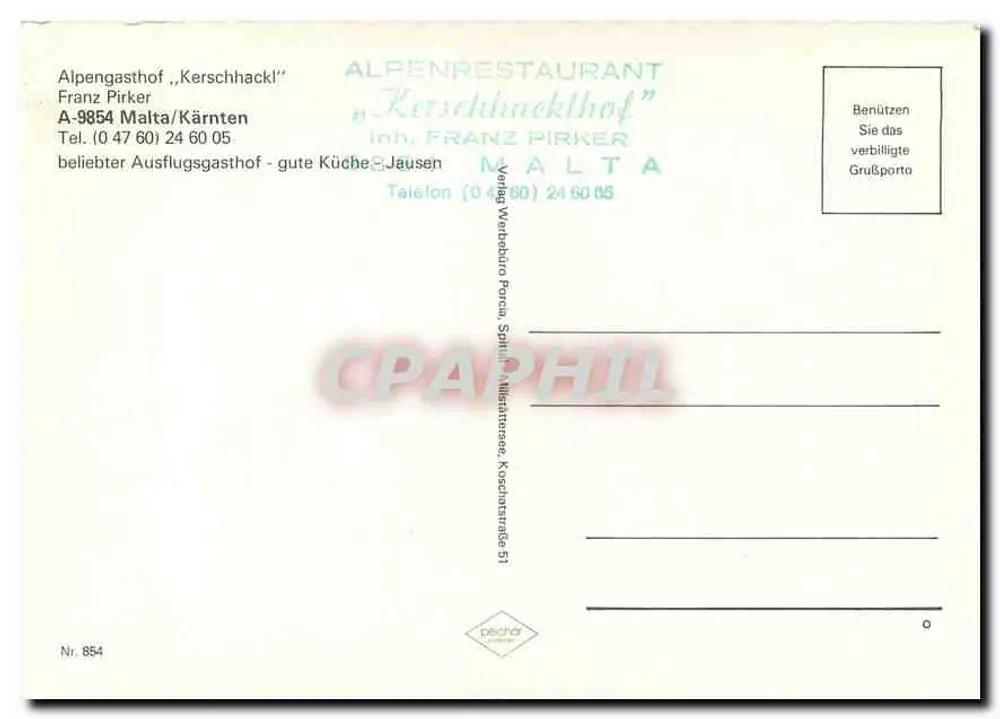 Alpengasthof Kerschhackl — Alpenrestaurant Kerschhacklhof — Verlag pechár, Nr. 854 - Rückseite