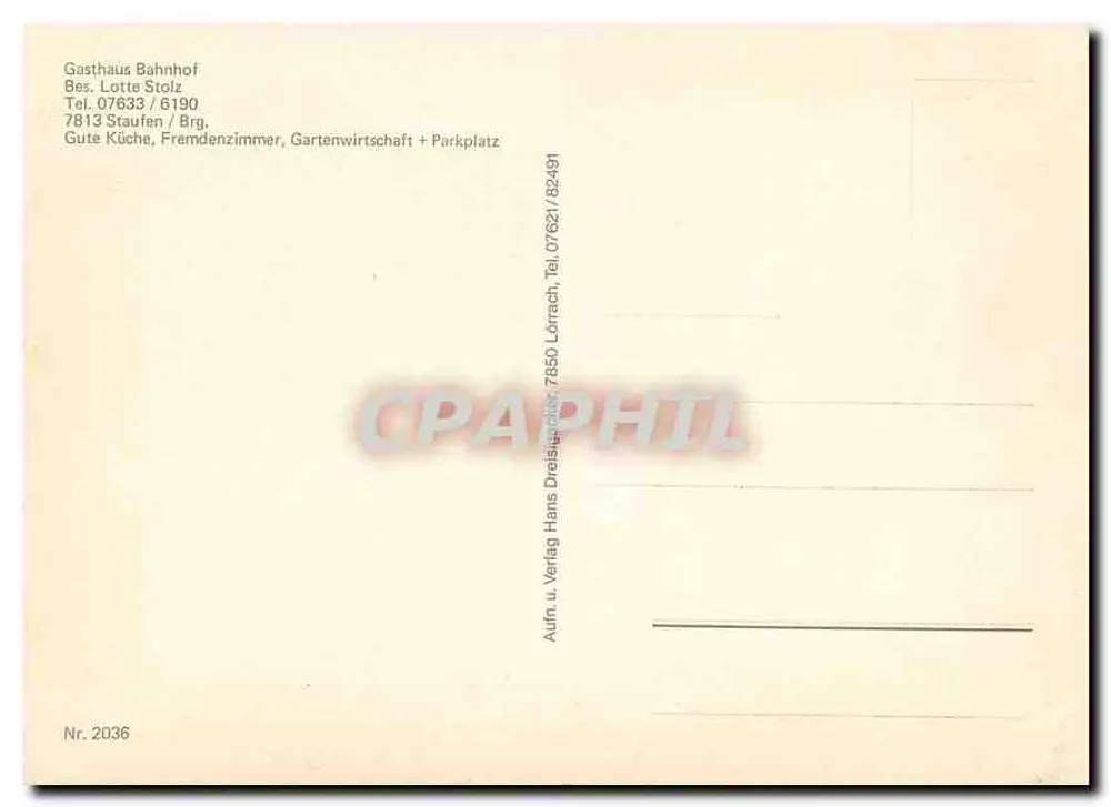 Gasthaus Bahnhof — Stauf w Breisgau — wydawca Hans Verlag u. Verlag Lorrach, nr 2036 - Rewers