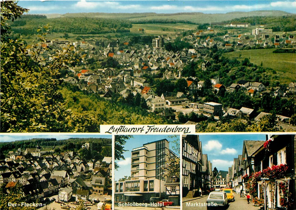 Lufftkurort Freudenberg — Vista panorâmica e detalhes do vilarejo, do Schloßberg-Hotel e da Marktstraße — Foto Fr. Erich Koth, Stuggen - Frente