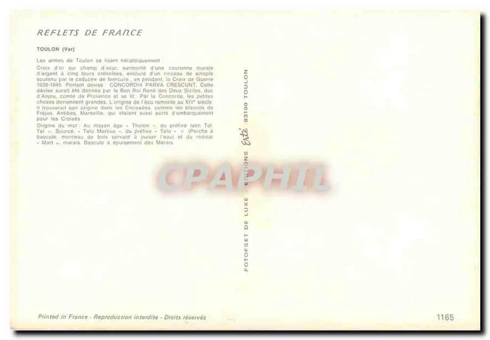 Toulon — brasão com lema e cruz de guerra — A. Métener, Iluminador de Toulon - Verso