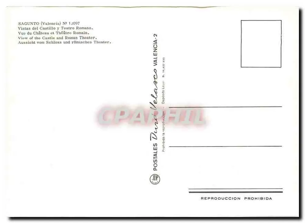 Sagunto — Ansicht des Schlosses und des römischen Theaters — Postales Duran Velasco, Nr. 1:097 - Rückseite