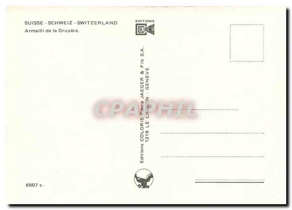 Mężczyzna w tradycyjnym stroju szwajcarskim — Armailli de la Gruyère — Wydawnictwo Coloris Jaeger & Fils S.A., Genewa - Rewers